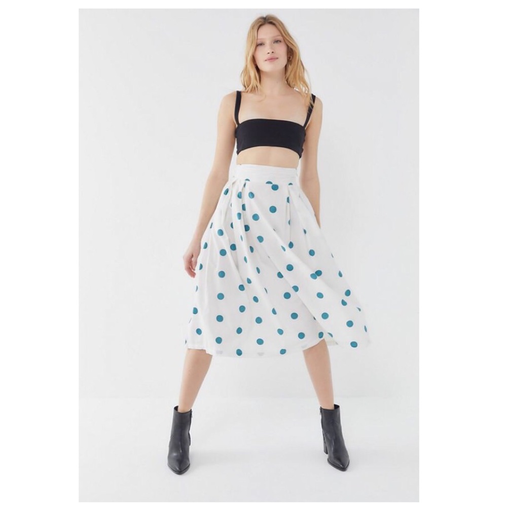 UO Fallon Polka Dot Pleated Midi Skirt